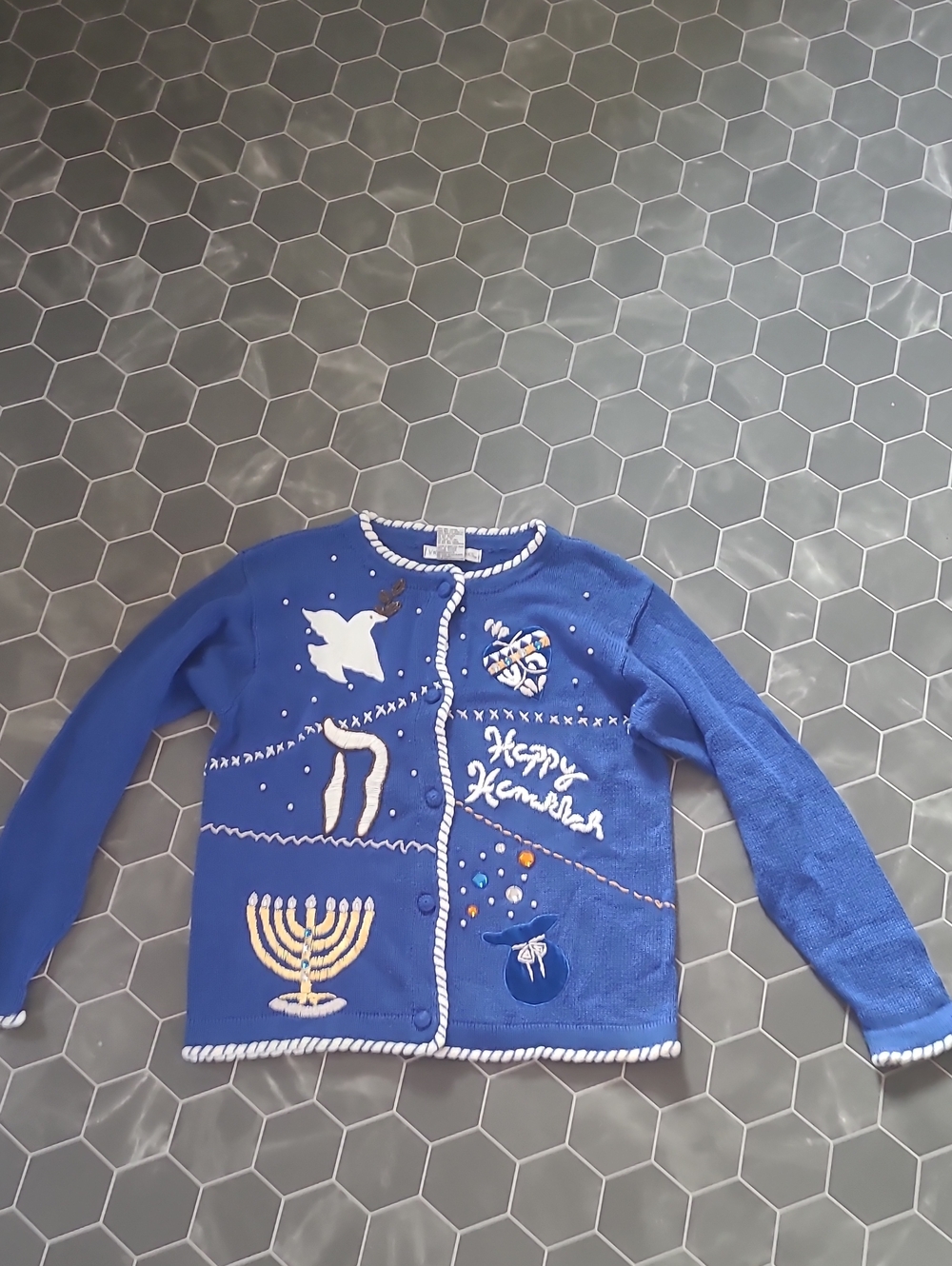 Victoria Jones Woman Blue Hanukkah Cardigan Sweater